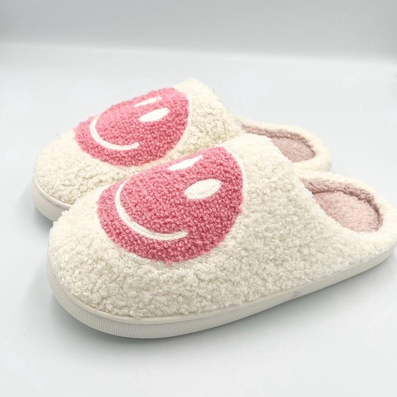 Shoes - Cozy Cream Slippers with Pink Smiley Face